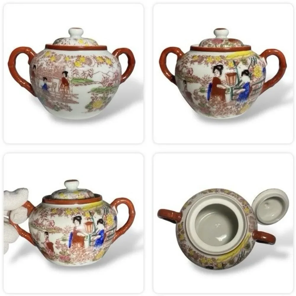 Antique Japanese Kutani Porcelain Tea Set Teapot Sugar Bowl Creamer Floral